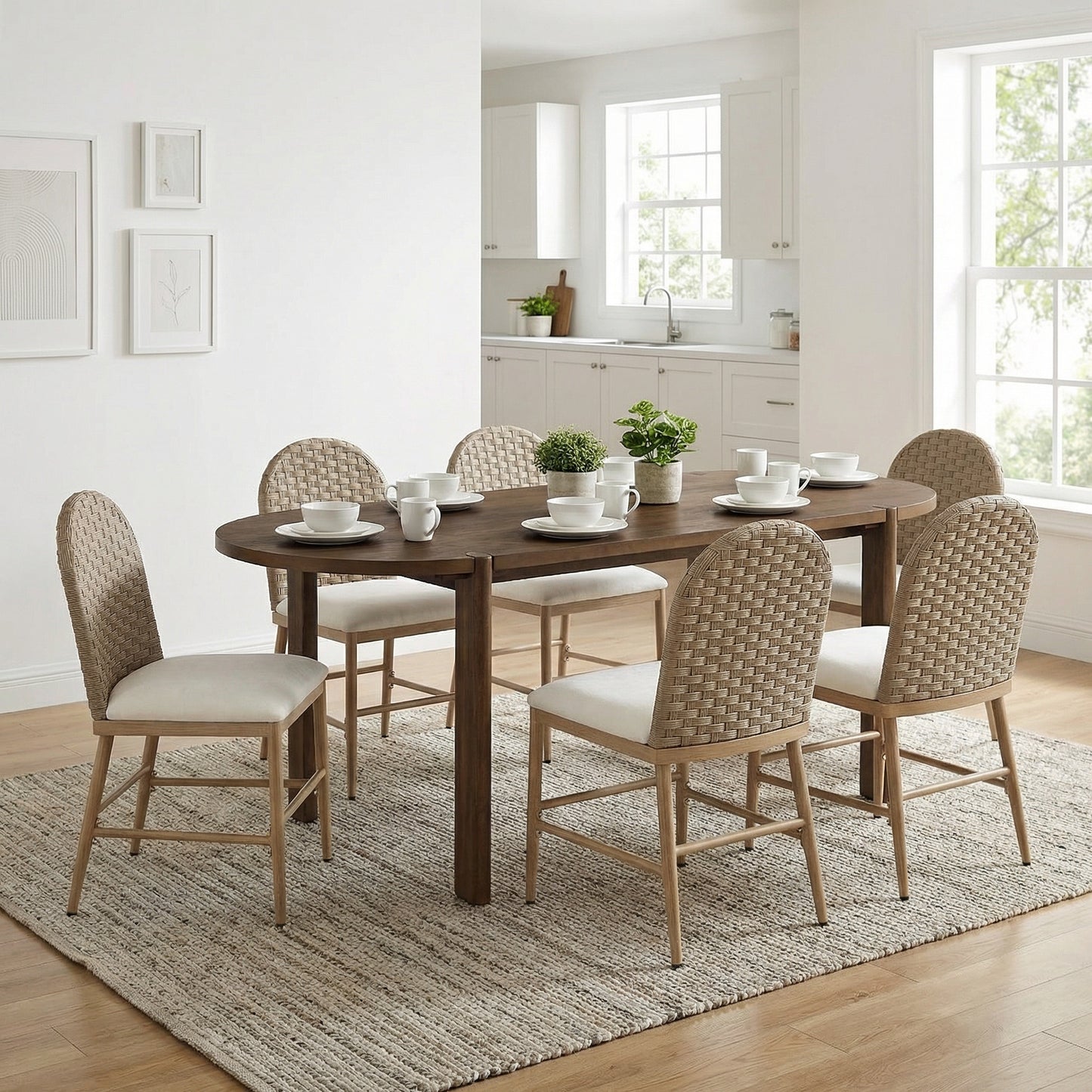 7 Pieces Modern Oval Dining Set, Rustic Farmhouse Solid Wood  Kitchen Table Set for 6, 71'' Large Luxury Retro Country Dinner Set with Brown Chairs, for Dining Room, Kitchen, Living Room, Walnut