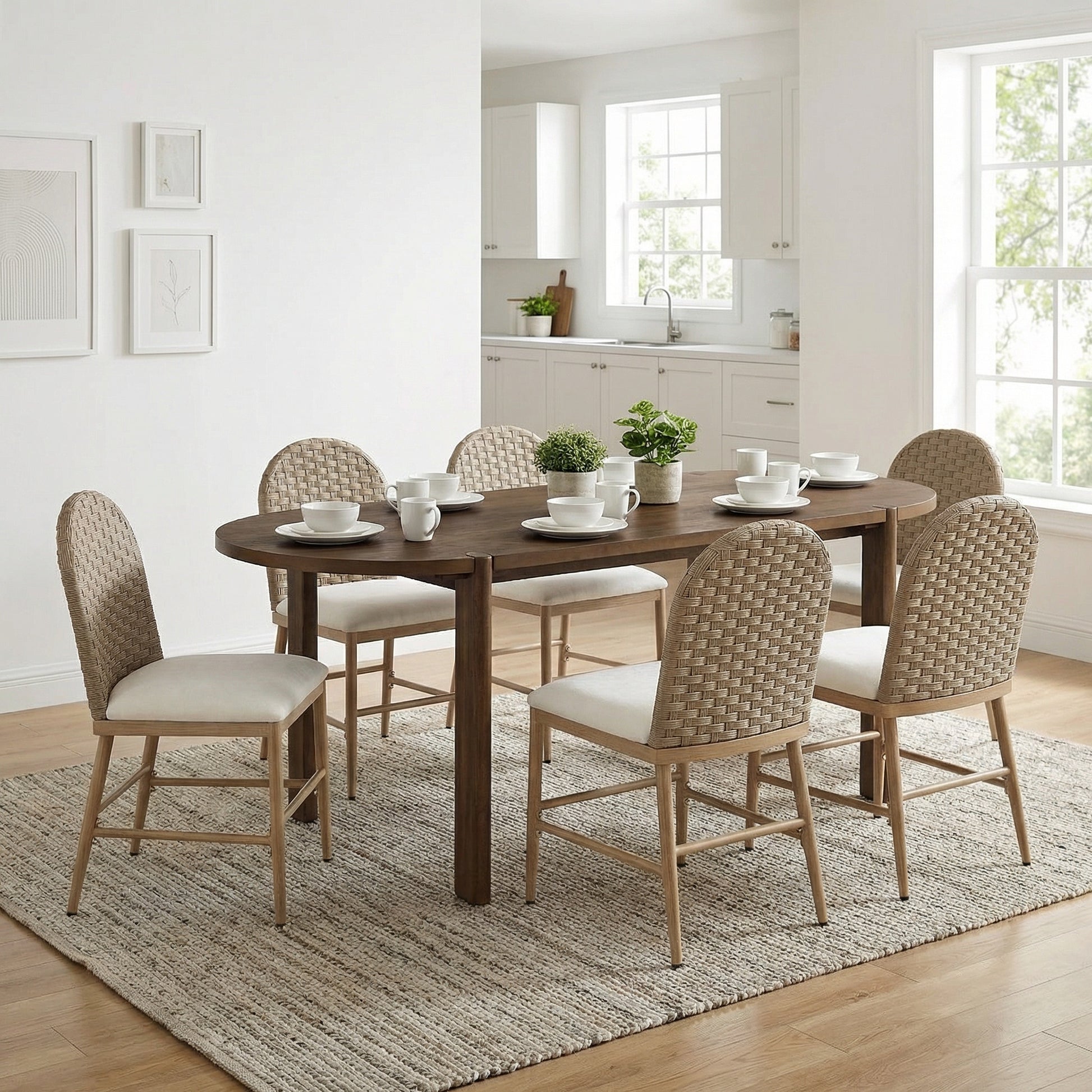 7 Pieces Modern Oval Dining Set, Rustic Farmhouse Solid Wood  Kitchen Table Set for 6, 71'' Large Luxury Retro Country Dinner Set with Brown Chairs, for Dining Room, Kitchen, Living Room, Walnut
