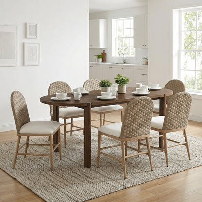 7 Pieces Modern Oval Dining Set, Rustic Farmhouse Solid Wood  Kitchen Table Set for 6, 71'' Large Luxury Retro Country Dinner Set with Brown Chairs, for Dining Room, Kitchen, Living Room, Walnut
