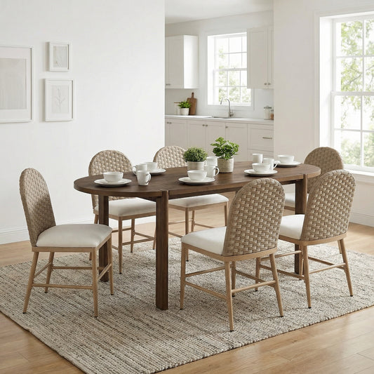 7 Pieces Modern Oval Dining Set, Rustic Farmhouse Solid Wood  Kitchen Table Set for 6, 71'' Large Luxury Retro Country Dinner Set with Brown Chairs, for Dining Room, Kitchen, Living Room, Walnut