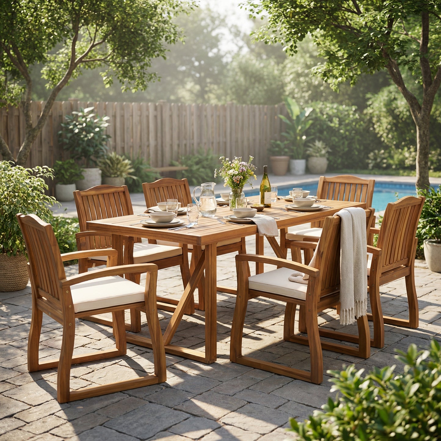 7 Pieces Acacia Wood Outdoor Dining Set with Cream Cushions,Modern 6 Chairs  1 Large Table,Dining Furniture Set for Lawn, Backyard, Garden Deck,Poolside,Teak