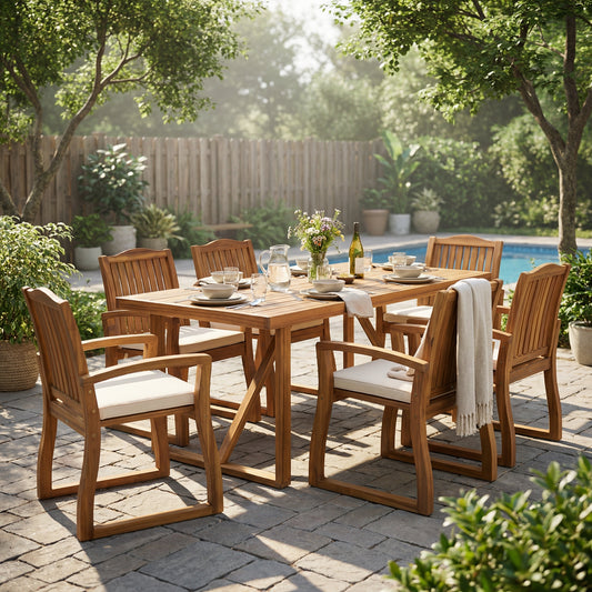 7 Pieces Acacia Wood Outdoor Dining Set with Cream Cushions,Modern 6 Chairs  1 Large Table,Dining Furniture Set for Lawn, Backyard, Garden Deck,Poolside,Teak