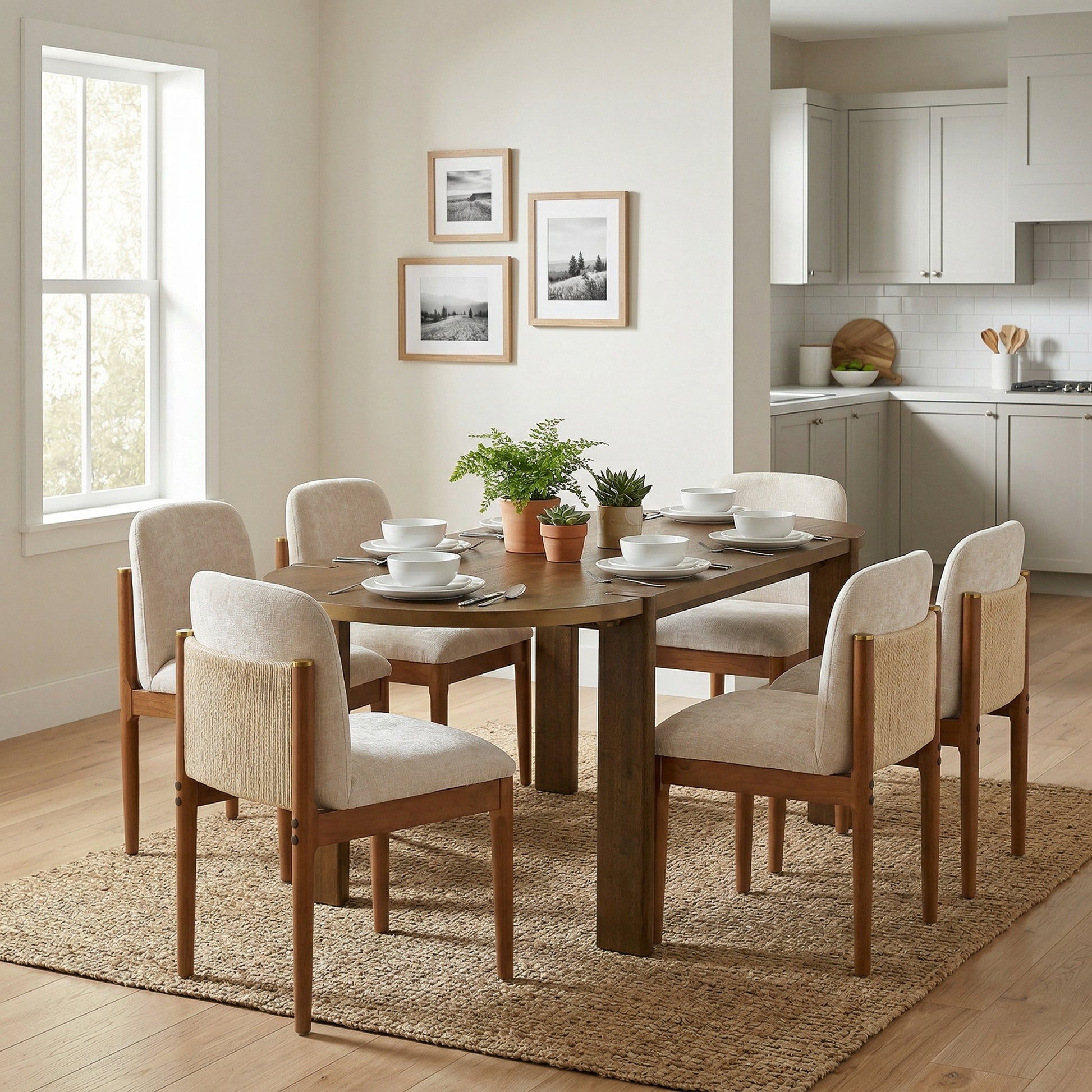 7 Pieces Modern Oval Dining Set, Rustic Farmhouse Solid Wood  Kitchen Table Set for 6, 71'' Large Retro Country Dinner Set with Walnut Chair, for Dining Room, Kitchen, Home Office, Living Room, Walnut