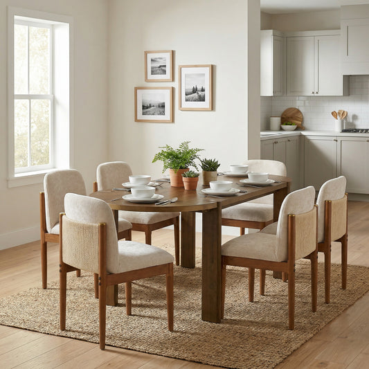 7 Pieces Modern Oval Dining Set, Rustic Farmhouse Solid Wood  Kitchen Table Set for 6, 71'' Large Retro Country Dinner Set with Walnut Chair, for Dining Room, Kitchen, Home Office, Living Room, Walnut