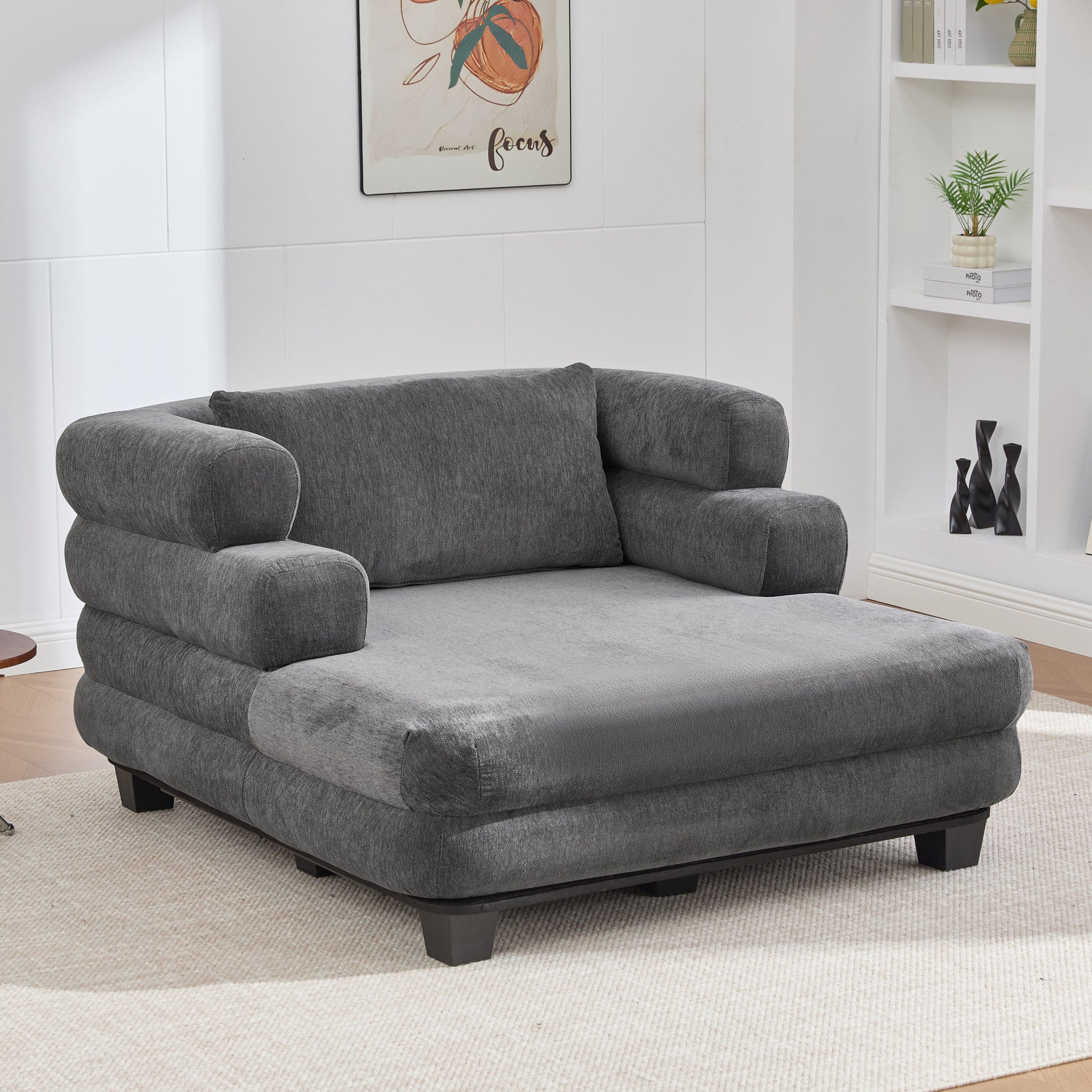 Oversized Chaise Lounge 52.4" Modern Comfy Lounger Chenille Upholstered Sofa Bed with Deep Seat and Layered Armrests for Living Room or Bedroom, Grey