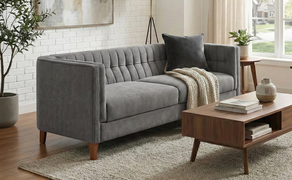 Grey 3-Seat Chenille Sofa - Modern American Couch