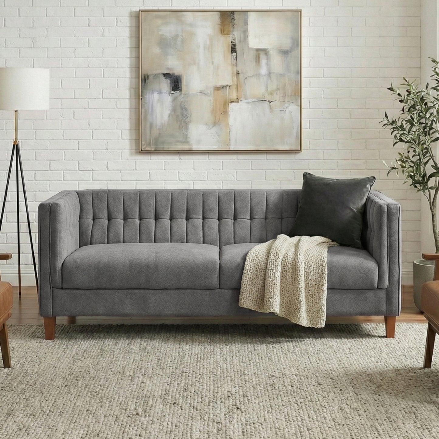 Grey 3-Seat Chenille Sofa - Modern American Couch