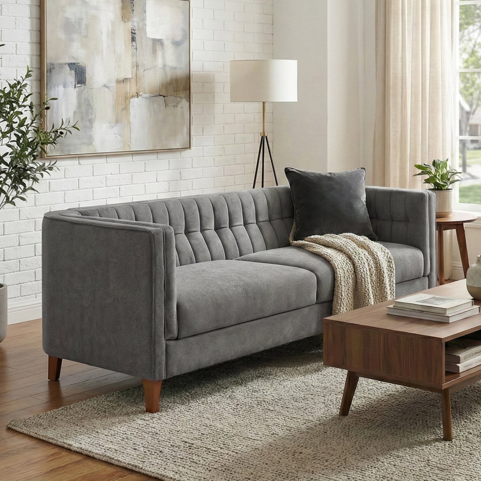 Modern 3-Seater Sofa 76" Upholstered Couch with Curved Armrests, Channel Tufted Back and Wood Legs for Living Room, Grey