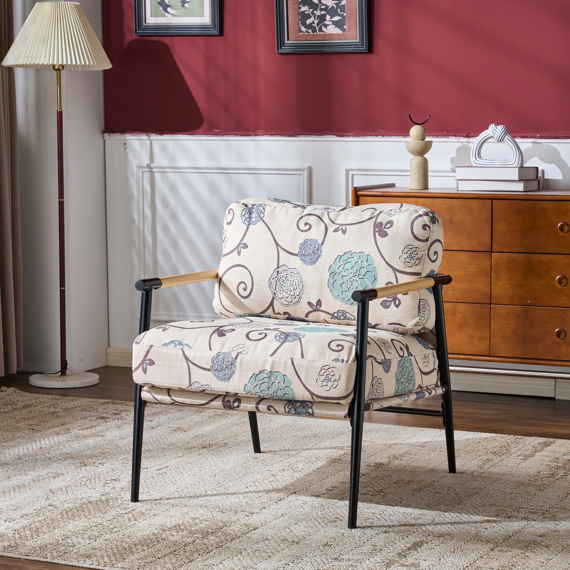 27.56" Modern Accent Chair with Plush Cushions, Minimalist Metal Frame, and Wooden Armrest Design – Perfect for Cozy Living Room, Bedroom, or Office Seating