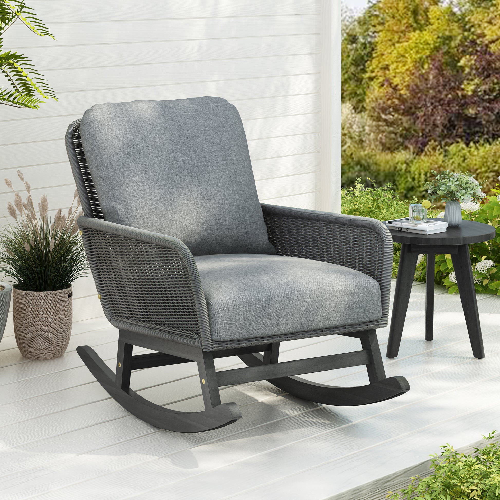 Contemporary Minimalist Gray Wicker Rocking Chair with Soft Polyester Cushions and Durable Wooden Frame, Perfect for Indoor and Outdoor Spaces like Patio, Balcony, or Living Room