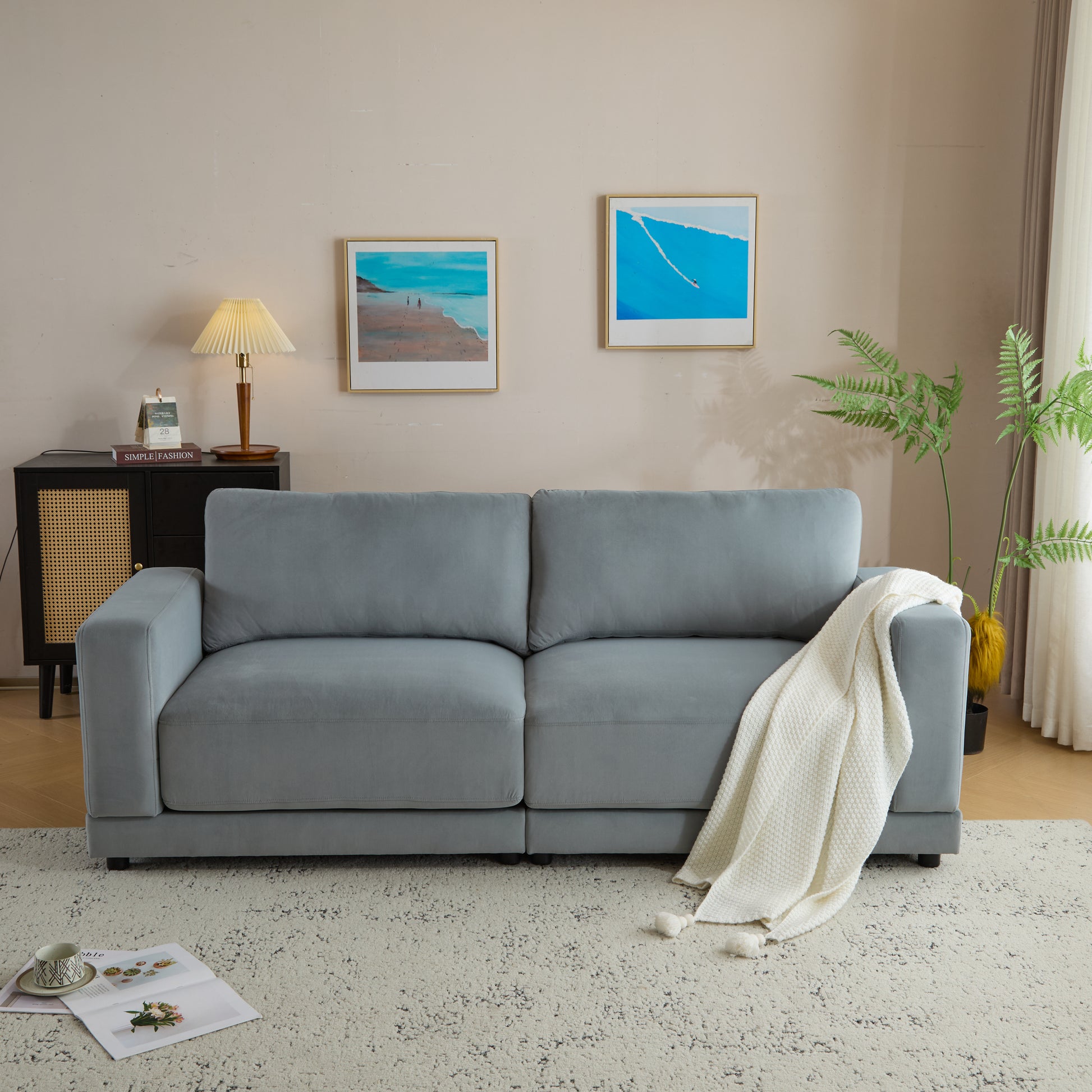 81'' Modern Square Arm Sofa with Soft Velvet Upholstery, Deep Cushions, and Sturdy Legs in Gray for Living Room or Bedroom"
