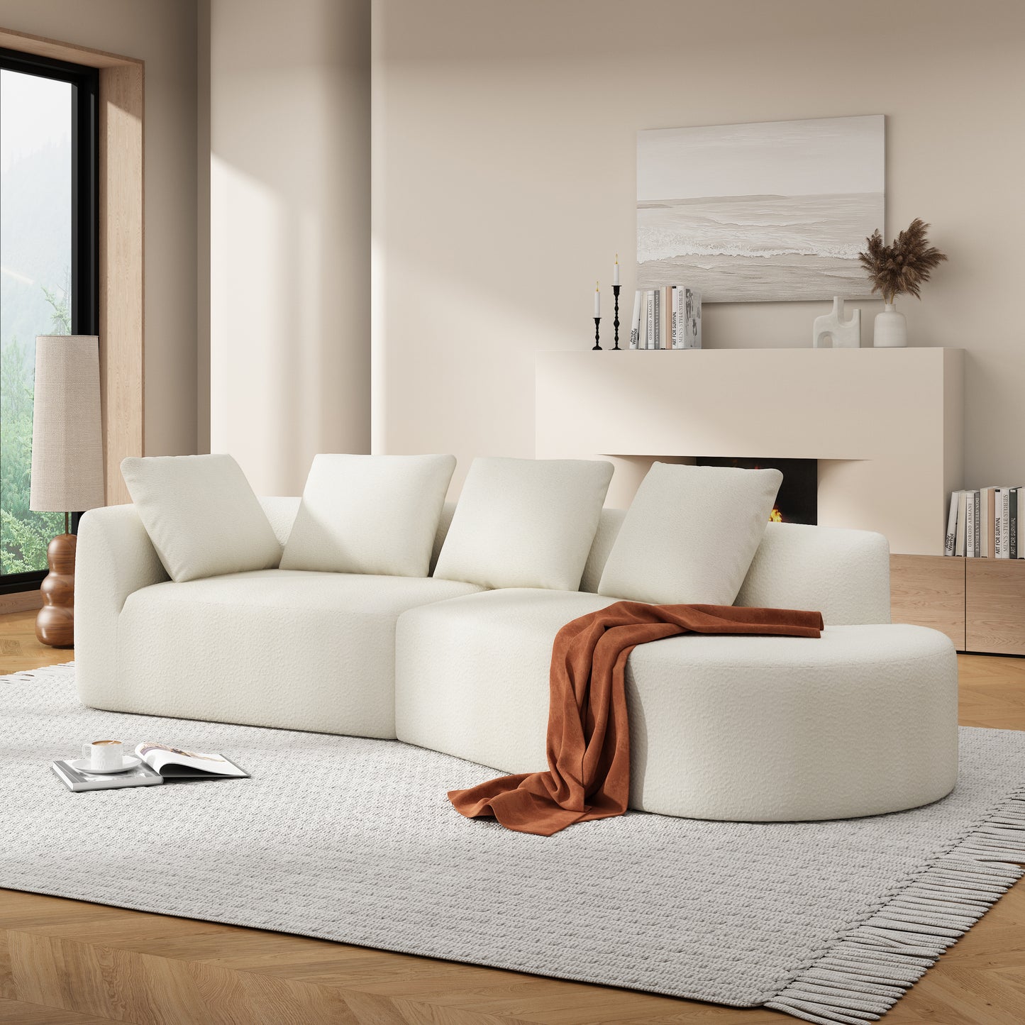 116" Beige Polyester Sectional Sofa - 3 Seat Chaise Lounge
