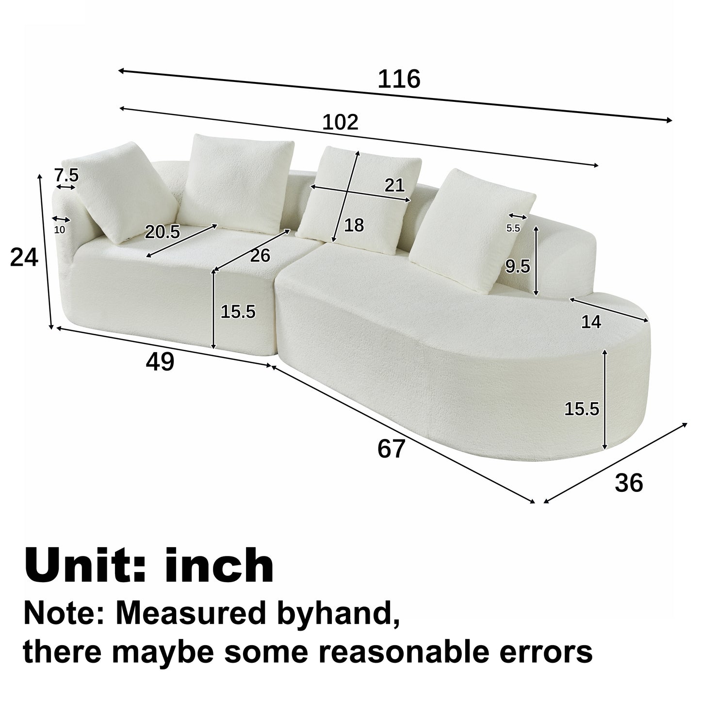 116" Beige Polyester Sectional Sofa - 3 Seat Chaise Lounge