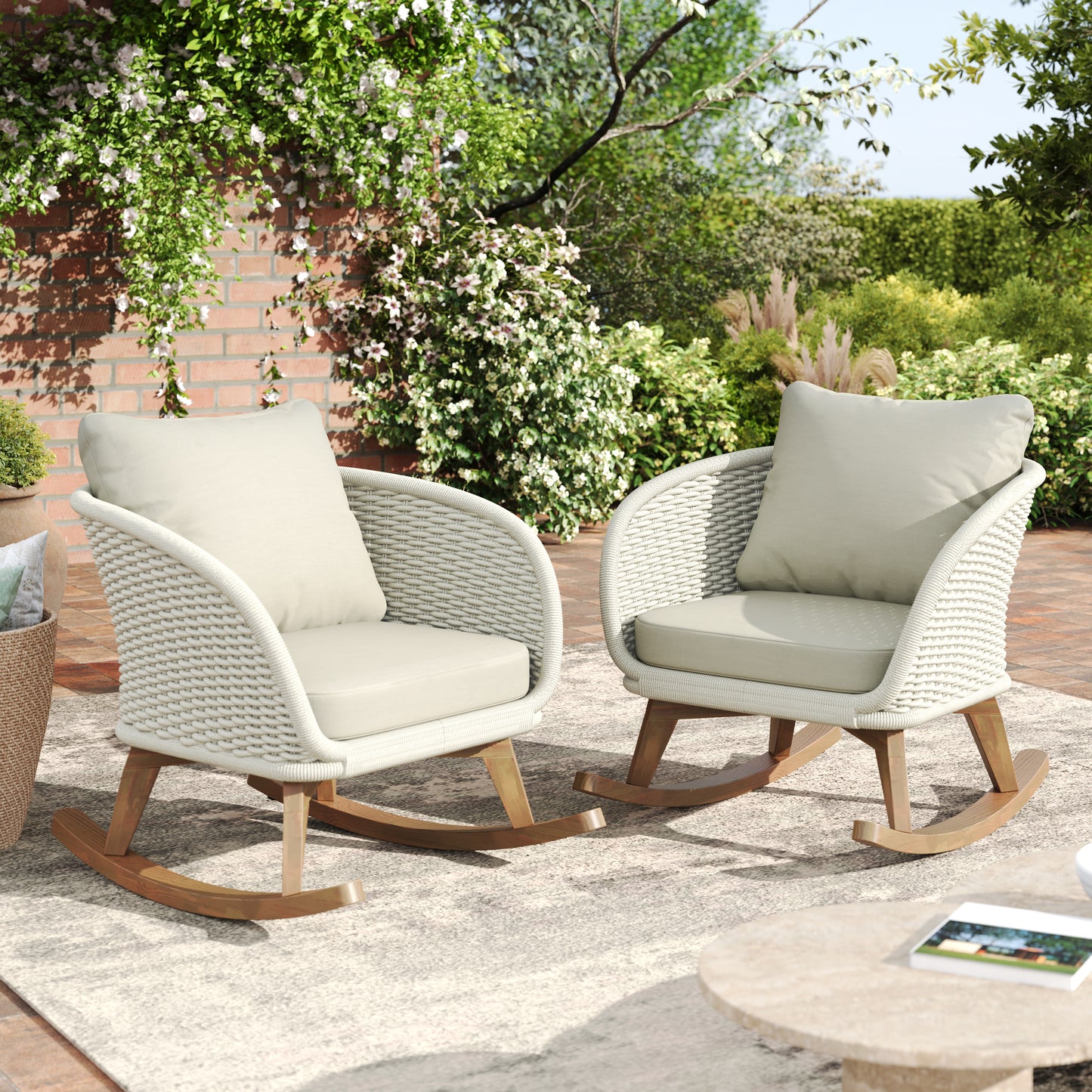 [Set of 2] 29.5" Contemporary Minimalist Beige Wicker Rocking Chair with Soft Polyester Cushions and Durable Wooden Frame, Perfect for Indoor and Outdoor Spaces like Patio, Balcony, or Living Room