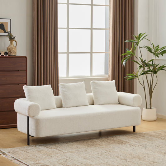 78" Modern 3-Seater Beige Upholstered Sofa, Oversized Comfy Couch with 3 Plush Pillows for Living Room, Bedroom, Apartment