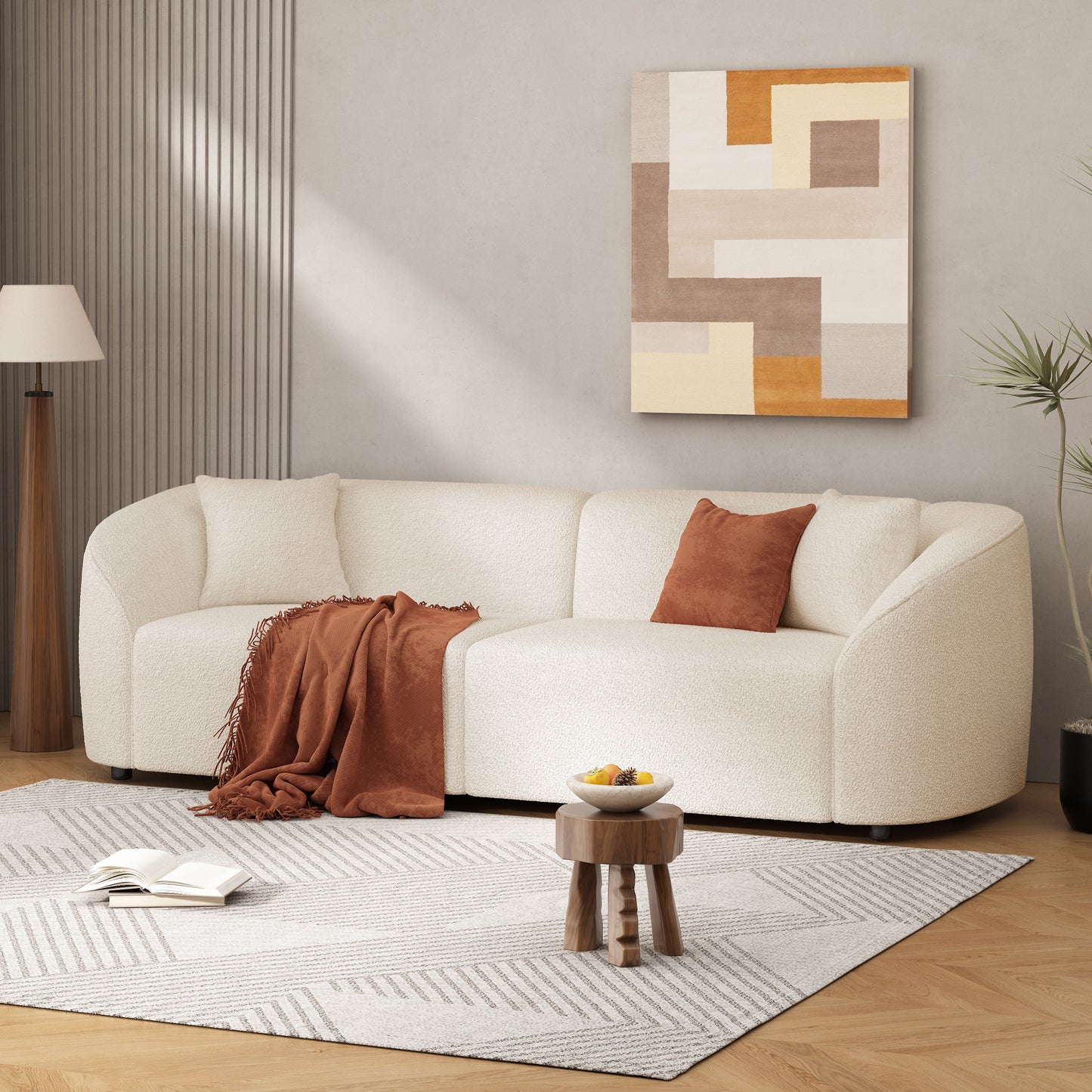 87" Beige Bouclé Sofa - Curved Contemporary Design