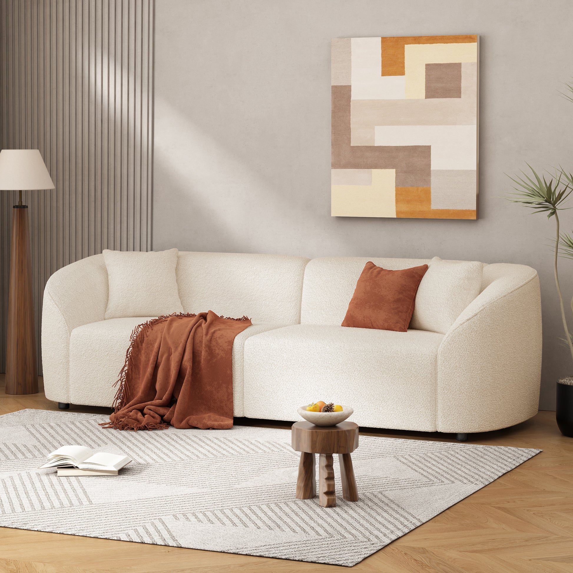 87" Beige Bouclé Sofa - Curved Contemporary Design