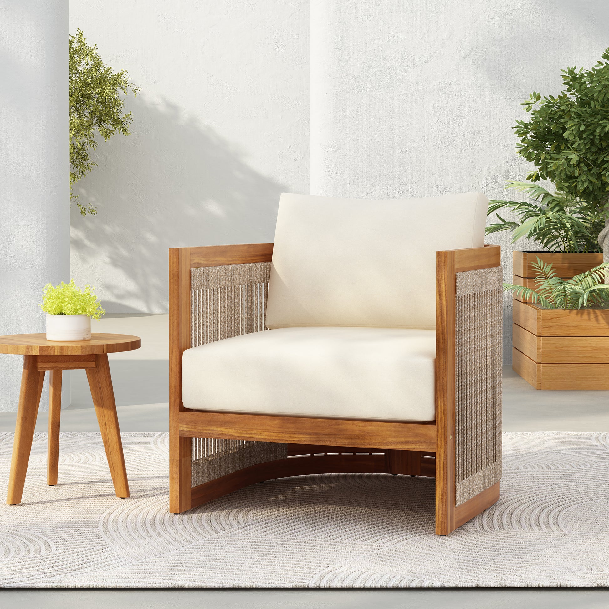 Curved Outdoor Patio Seating Set in Beige Natural Wood