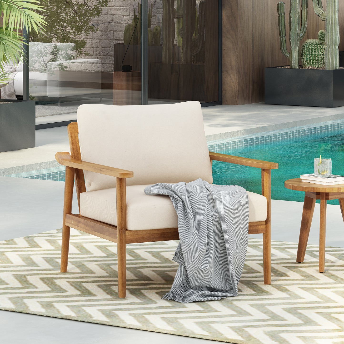 30.5" Mid-Century Modern Outdoor Lounge Chair with Cushions – Stylish and Durable Wood Frame Chair for Patio, Garden, or Balcony