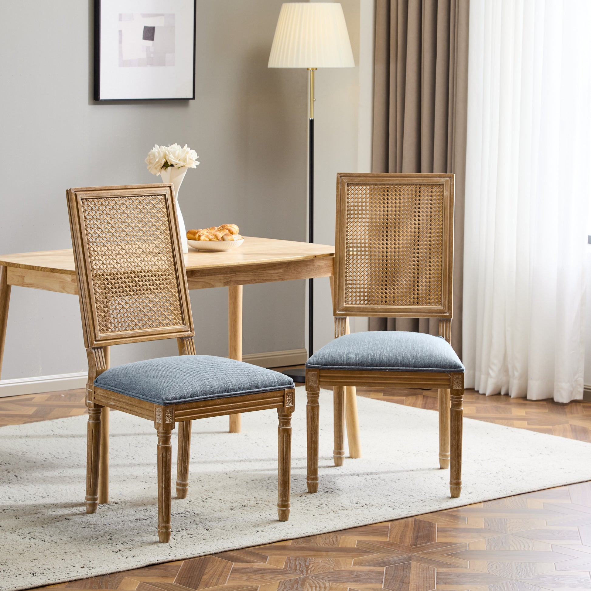 [Set of 2] French Country Dining Chairs - Elegant Cane Backrest & Upholstered Seats with Fluted Legs - Rustic Weathered Finish - Solid Rubberwood Frame - Vintage Inspired Kitchen & Dining Room Chairs
