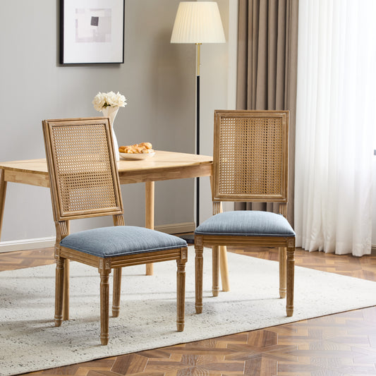 [Set of 2] French Country Dining Chairs - Elegant Cane Backrest & Upholstered Seats with Fluted Legs - Rustic Weathered Finish - Solid Rubberwood Frame - Vintage Inspired Kitchen & Dining Room Chairs