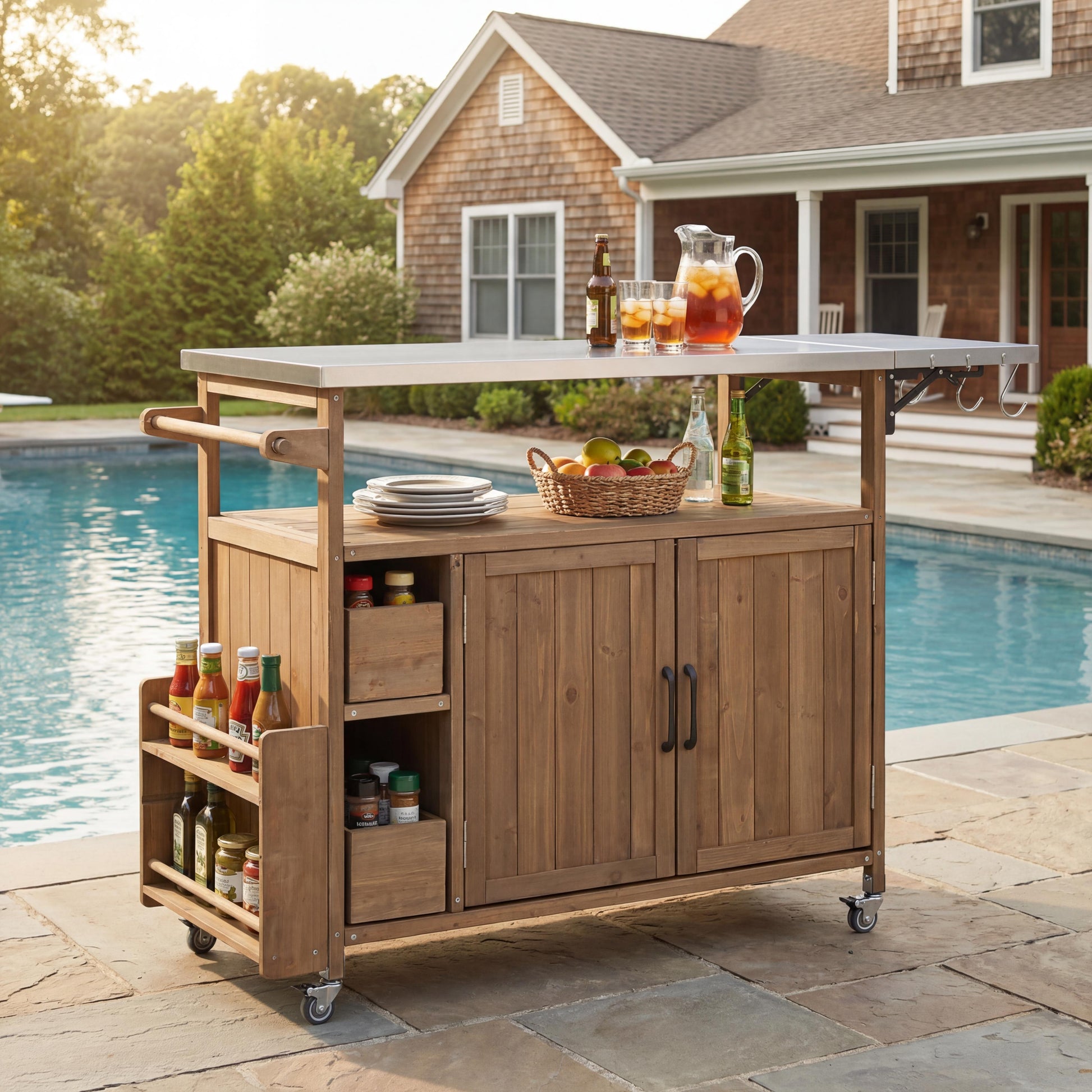 Natural Wood Rolling Kitchen Cart - Outdoor BBQ Cart with Stainless Steel Top