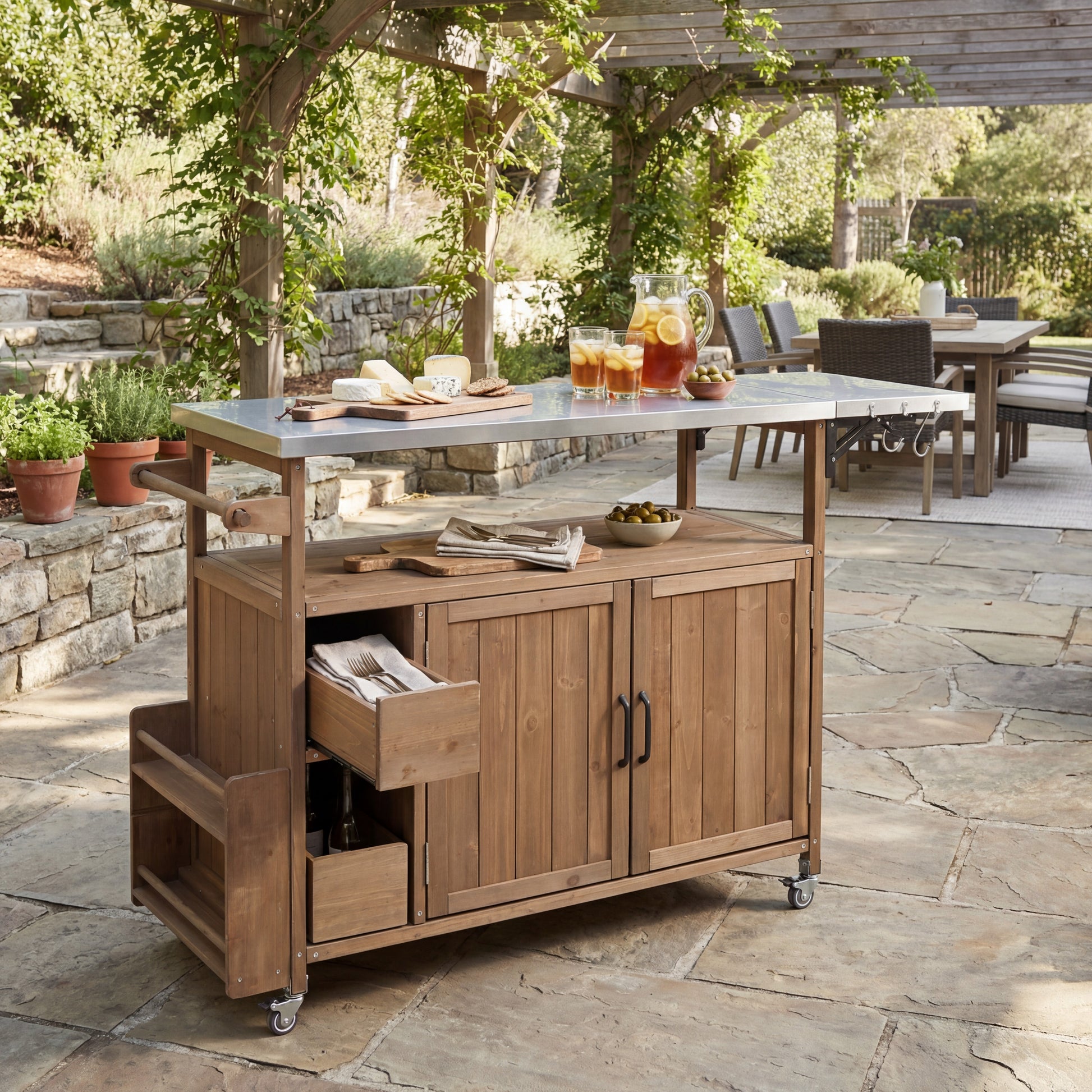 Natural Wood Rolling Kitchen Cart - Outdoor BBQ Cart with Stainless Steel Top