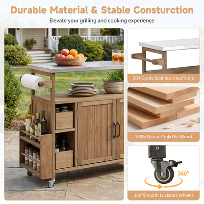 Natural Wood Rolling Kitchen Cart - Outdoor BBQ Cart with Stainless Steel Top