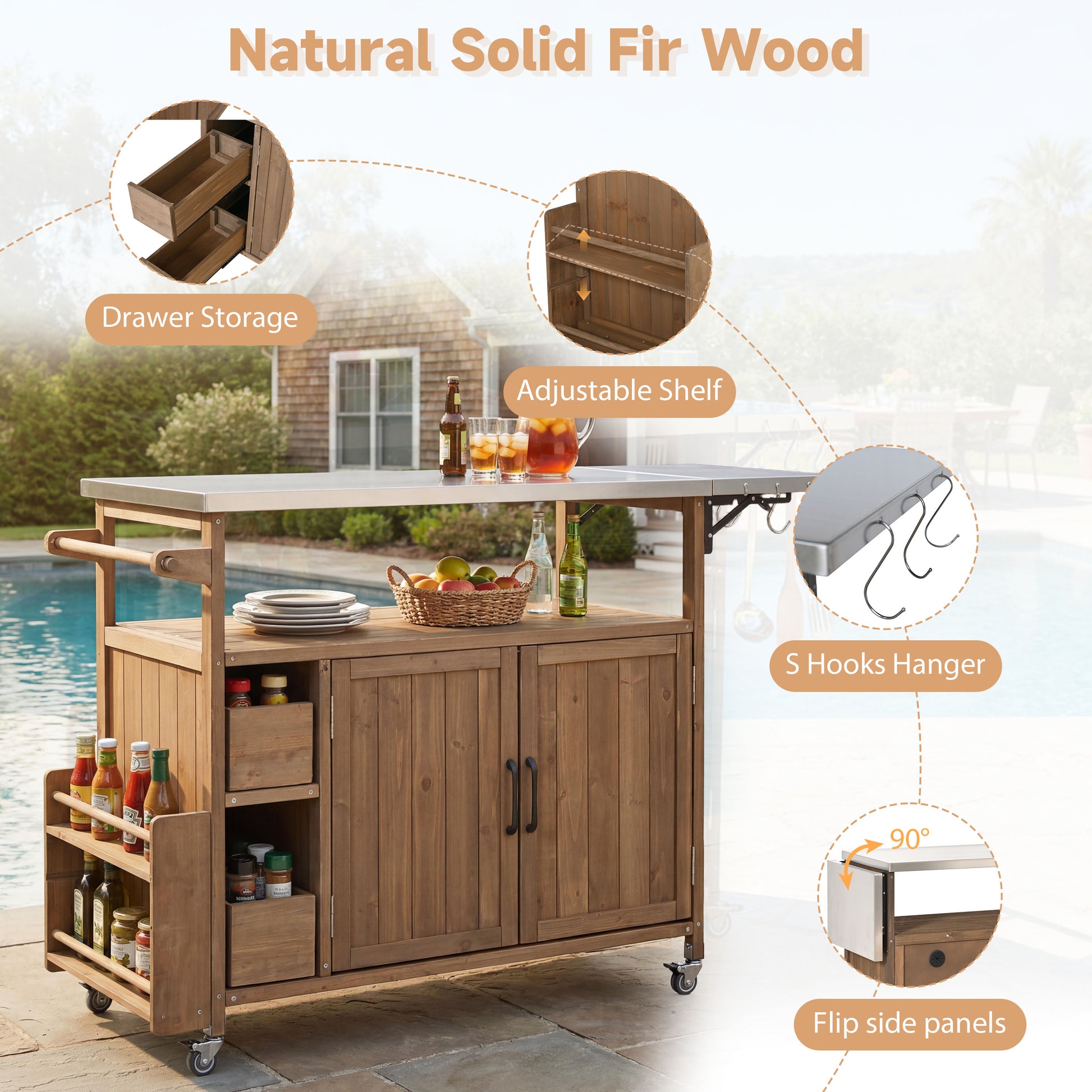 Natural Wood Rolling Kitchen Cart - Outdoor BBQ Cart with Stainless Steel Top
