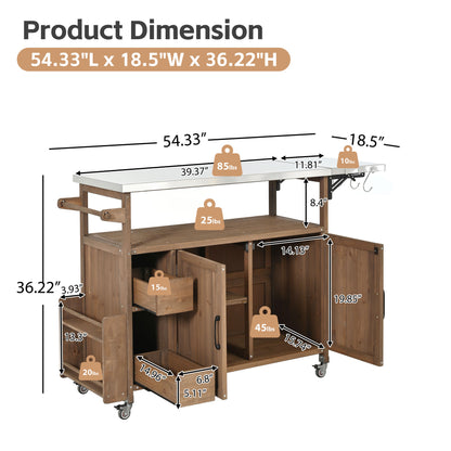 Natural Wood Rolling Kitchen Cart - Outdoor BBQ Cart with Stainless Steel Top