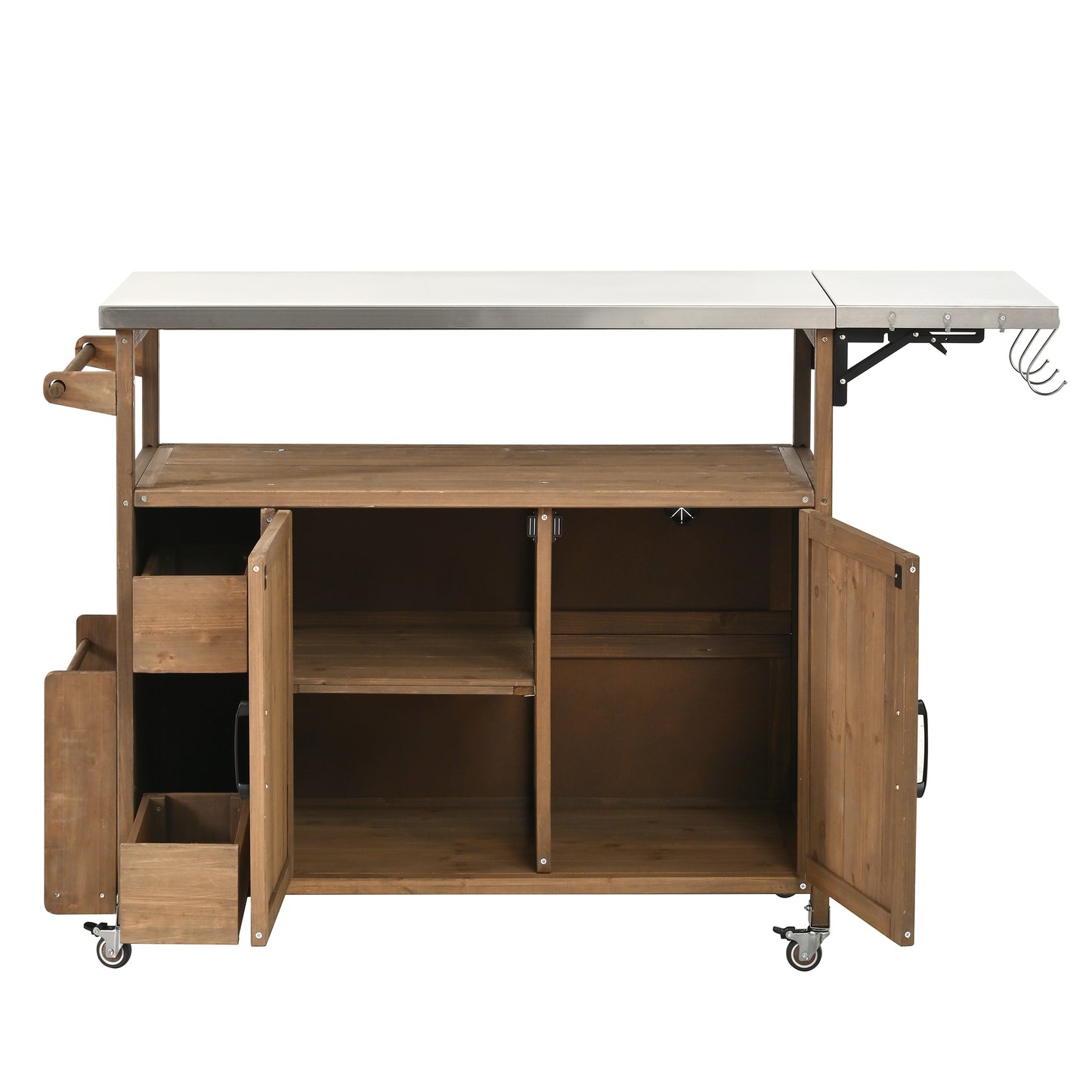 Natural Wood Rolling Kitchen Cart - Outdoor BBQ Cart with Stainless Steel Top