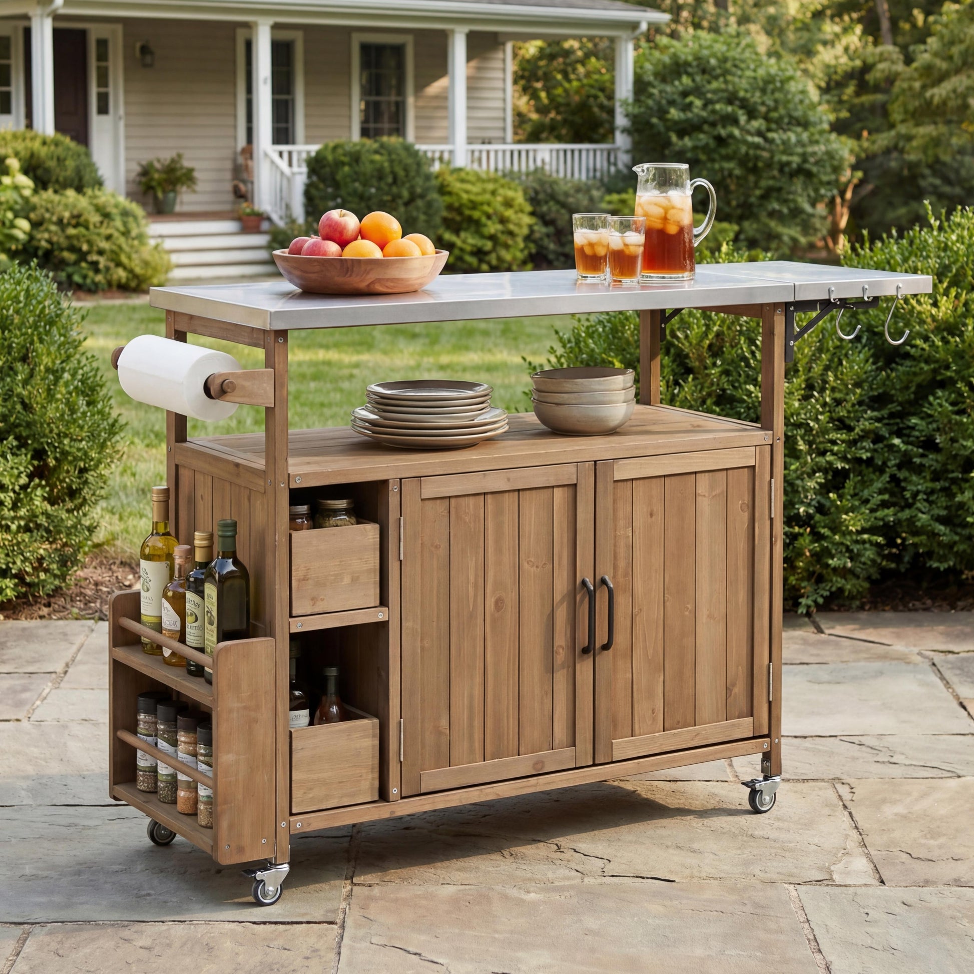54.33" Farmhouse Rolling Outdoor Kitchen Cart, Solid Wood Frame with Stainless Steel Top, Spice Rack, Towel Rack, Lockable Wheels & Multi-Functional Storage for Patio, Backyard BBQ & Kitchen