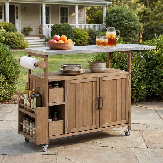 54.33" Farmhouse Rolling Outdoor Kitchen Cart, Solid Wood Frame with Stainless Steel Top, Spice Rack, Towel Rack, Lockable Wheels & Multi-Functional Storage for Patio, Backyard BBQ & Kitchen