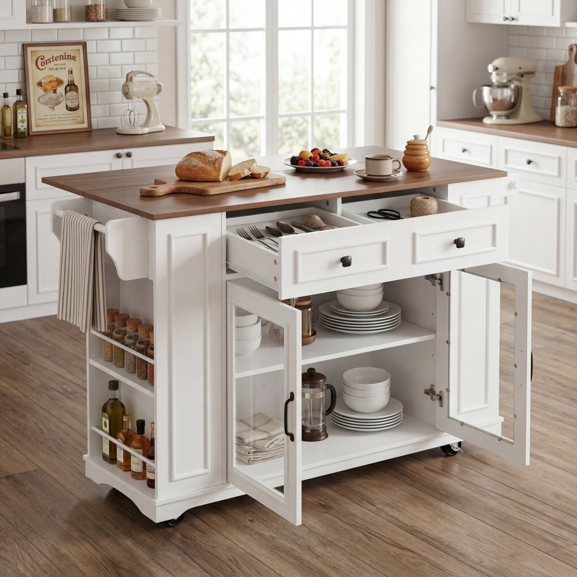 54" Mobile Kitchen Island - White+Walnut, Power Outlet & Storage