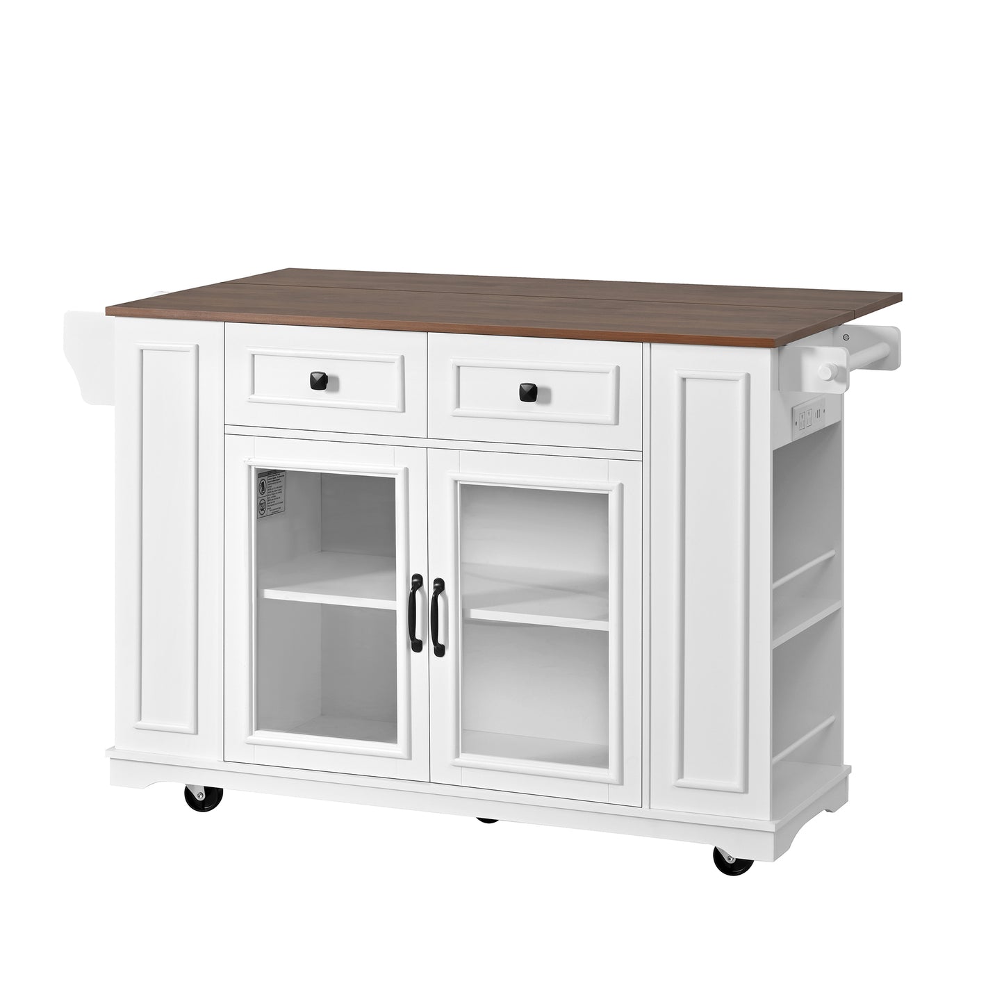 54" Mobile Kitchen Island - White+Walnut, Power Outlet & Storage
