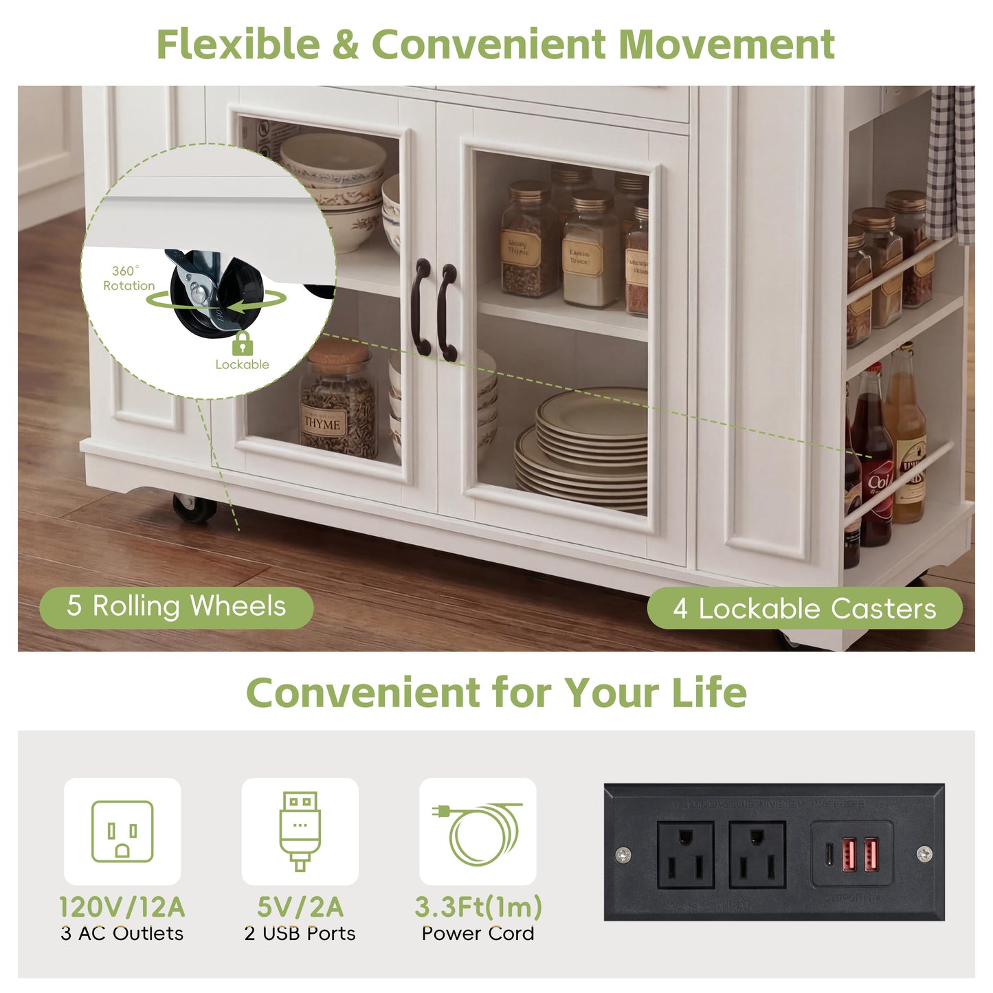 54" Mobile Kitchen Island - White+Walnut, Power Outlet & Storage
