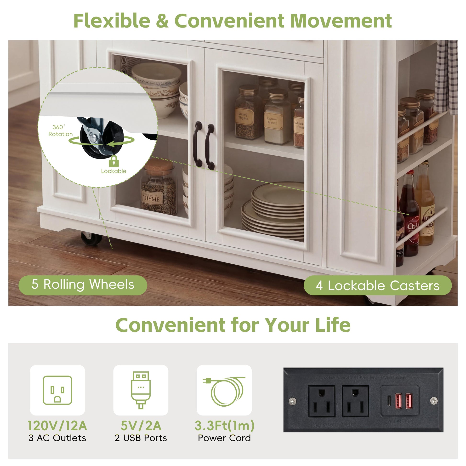 54" Mobile Kitchen Island - White+Walnut, Power Outlet & Storage