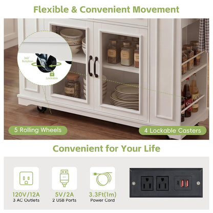 54" Mobile Kitchen Island - White+Walnut, Power Outlet & Storage