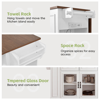54" Mobile Kitchen Island - White+Walnut, Power Outlet & Storage