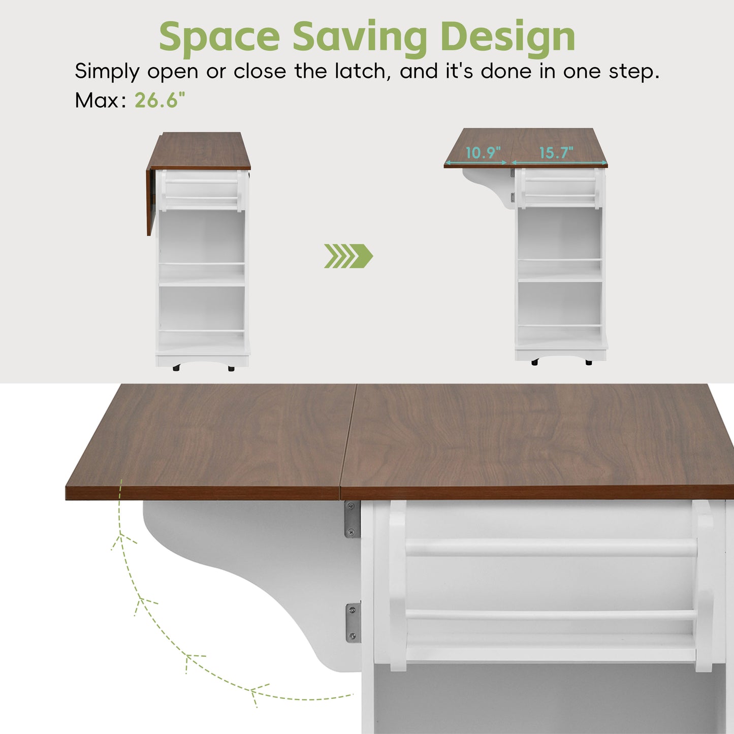 54" Mobile Kitchen Island - White+Walnut, Power Outlet & Storage