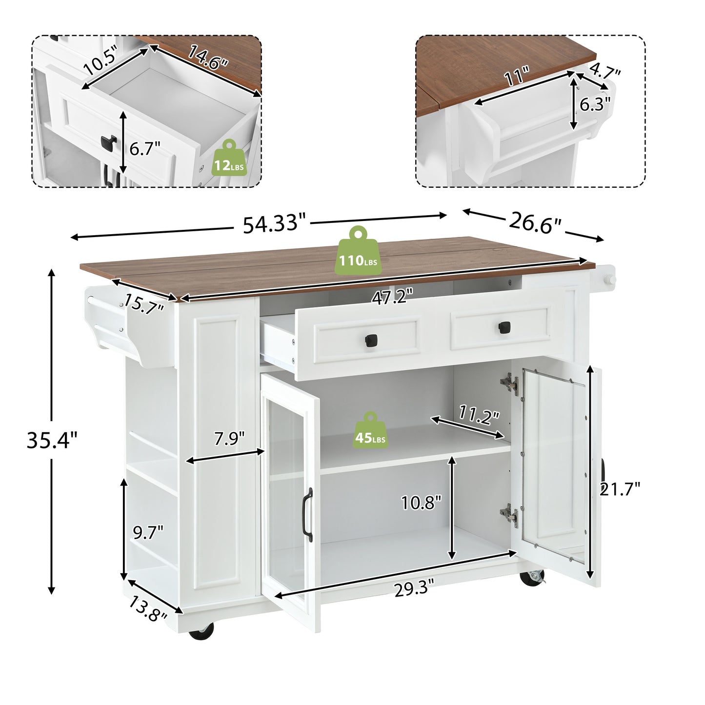 54" Mobile Kitchen Island - White+Walnut, Power Outlet & Storage