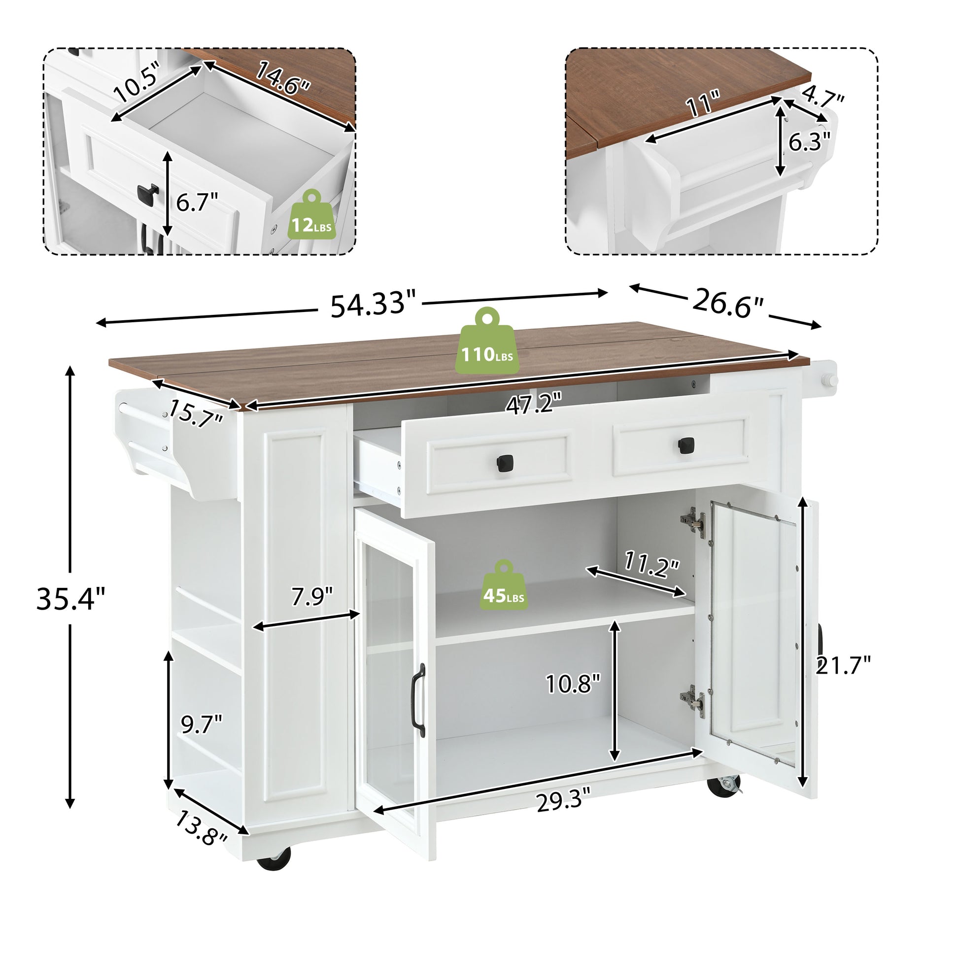 54" Mobile Kitchen Island - White+Walnut, Power Outlet & Storage