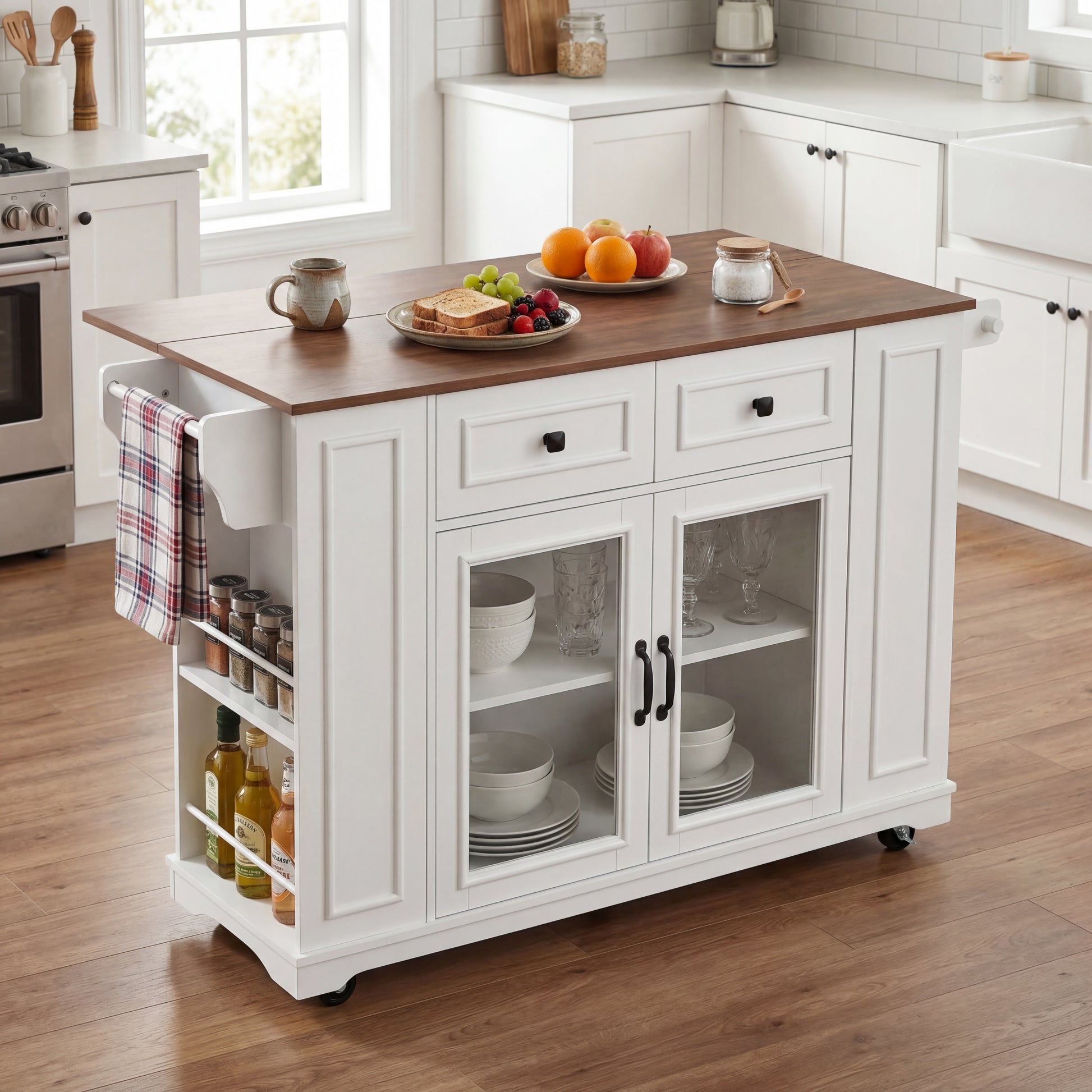 54" Mobile Kitchen Island with Glass Door Storage, Power Outlet & Open Shelves, Rolling Kitchen Cart with Towel Rack, Spice Rack & Knife Holder, Functional Kitchen Prep Table for Kitchen, Dining