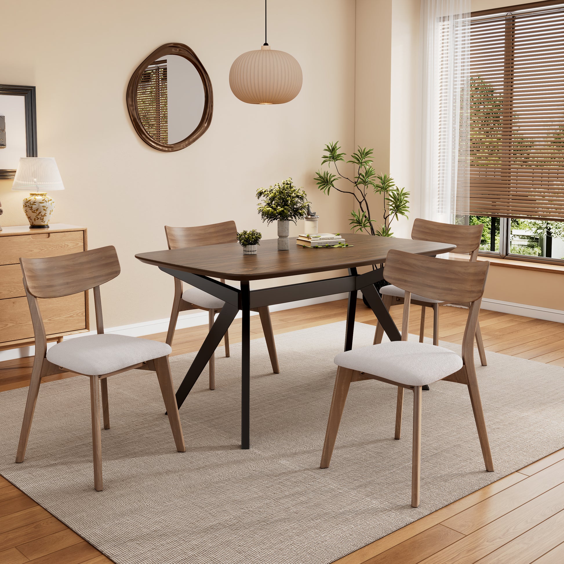 5-Pieces Upholstered Dining Set With Rubberwood Frame, Light beige+Walnut+Black