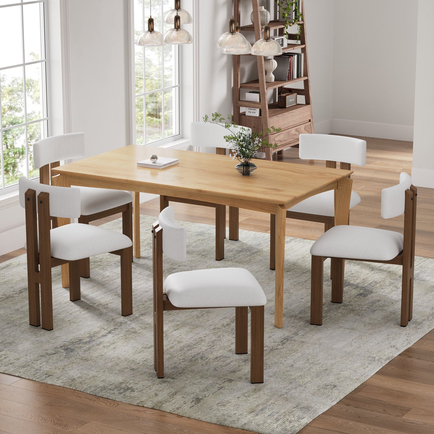 7- Piece Dining Set,Upholstered Armless Dining Chairs With Metal Legs (Set of 6) (White) +Wood Dining Table (Natural)