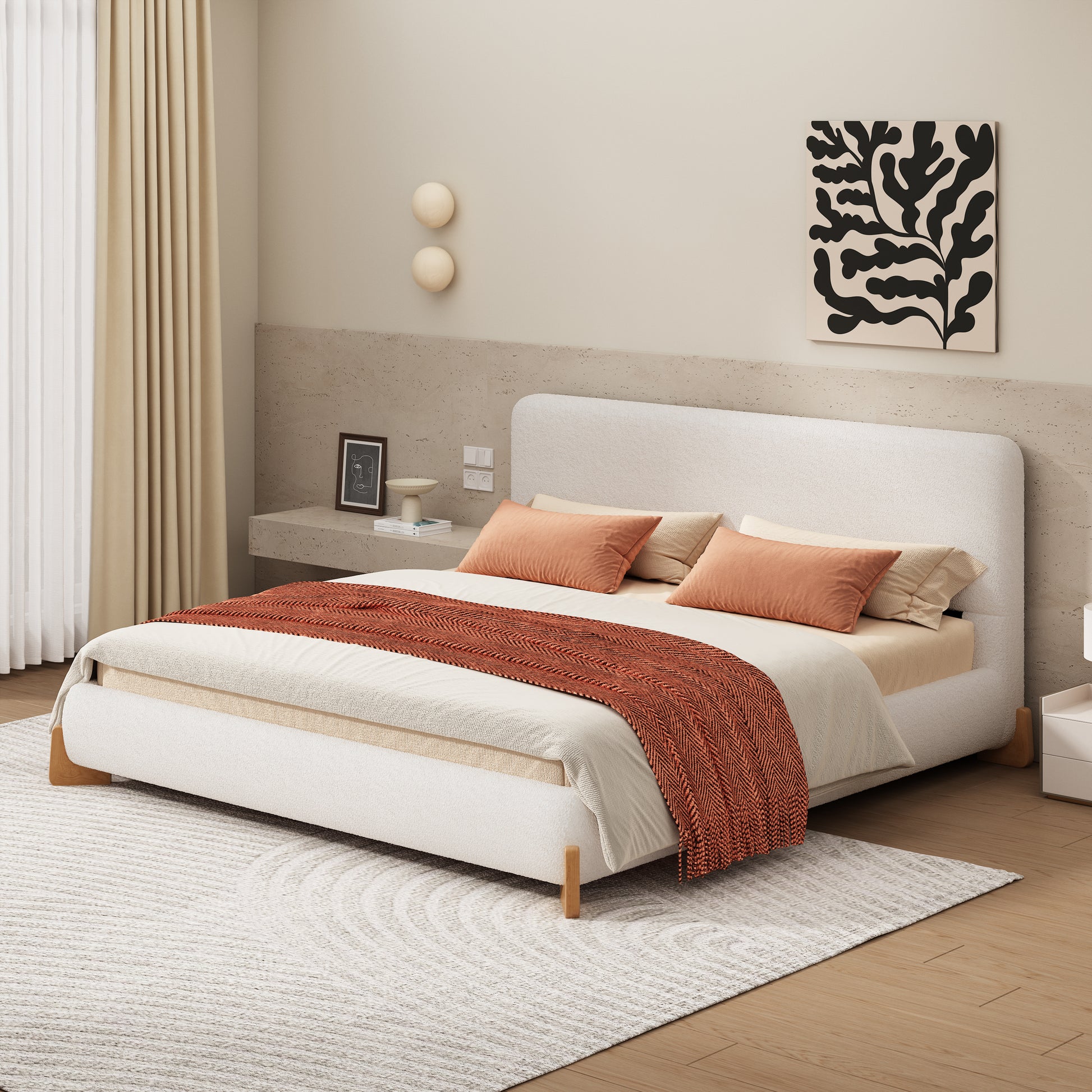 Elegant Boucle Upholstered Bed, A Luxurious and Comfortable Bedroom Centerpiece, King Size, White