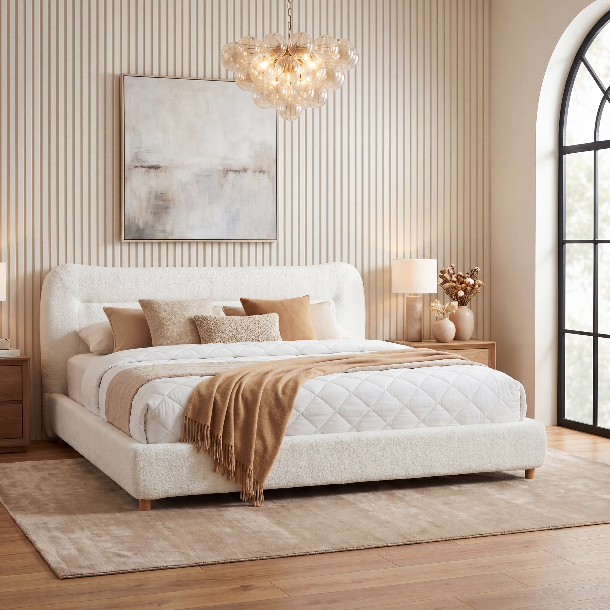 King Size Cream Teddy Fleece Bed Frame - Curved Headboard