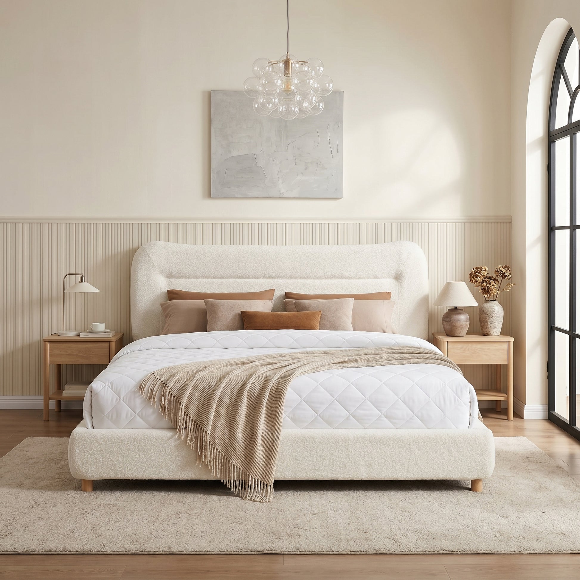 King Size Cream Teddy Fleece Bed Frame - Curved Headboard