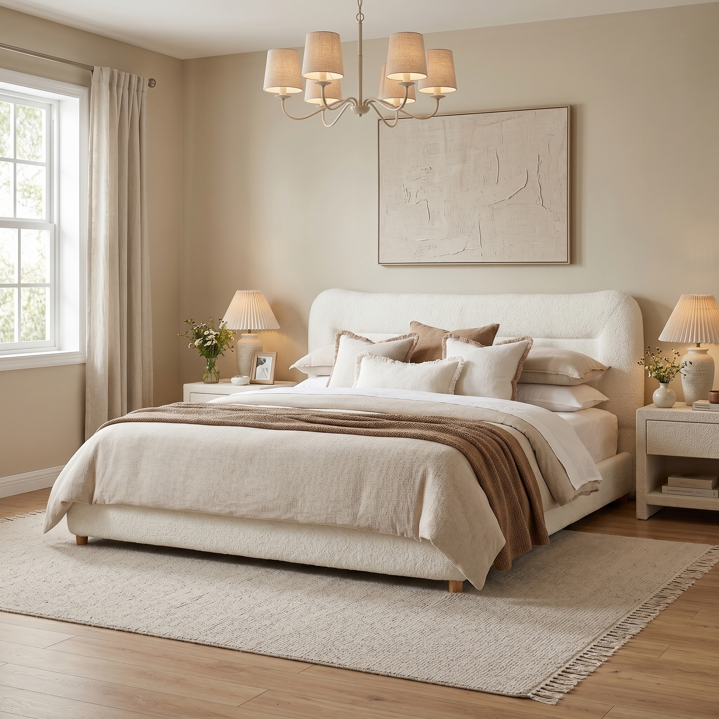 King Size Cream Teddy Fleece Bed Frame - Curved Headboard
