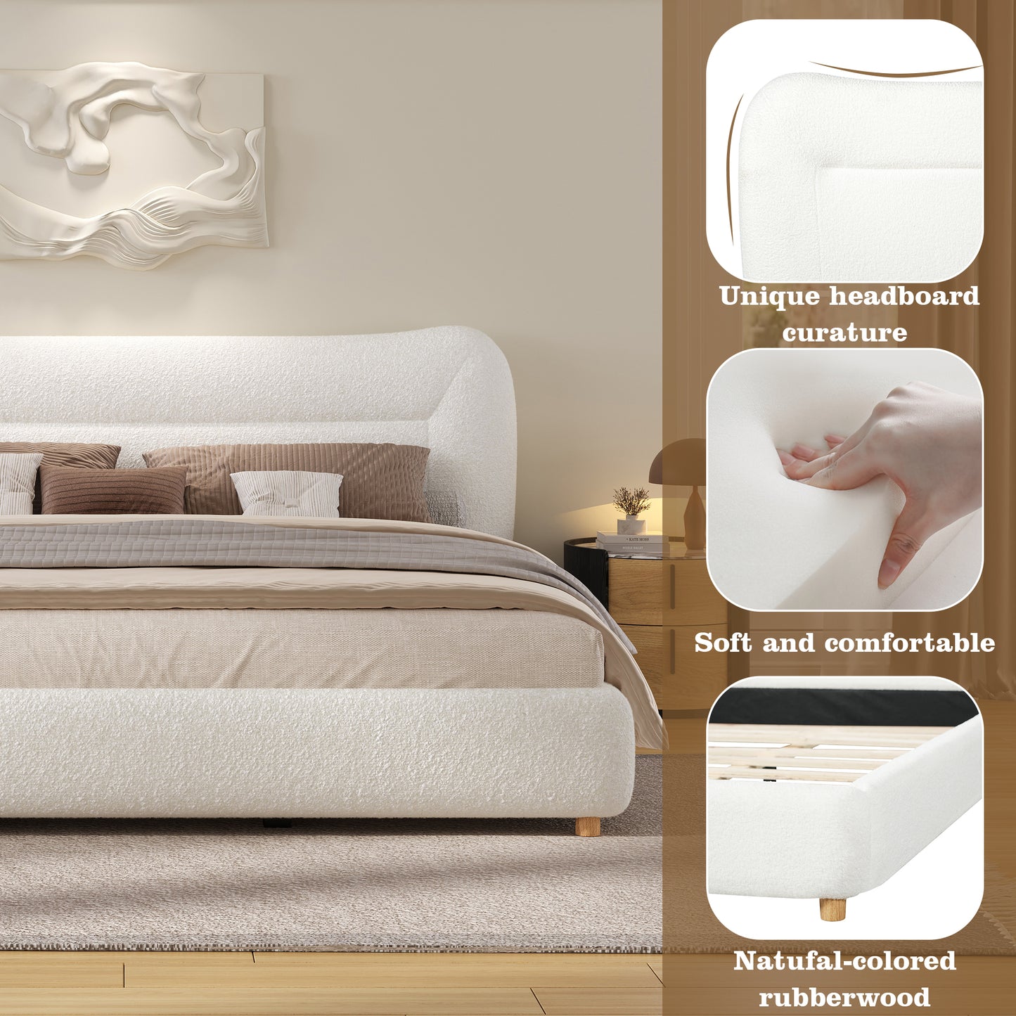 King Size Cream Teddy Fleece Bed Frame - Curved Headboard